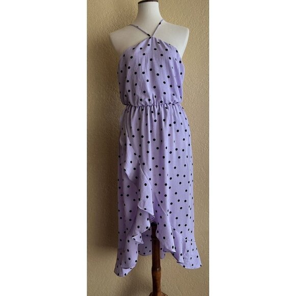 Lush Womens Polka Dot Crepe Asymmetrical Ruffle Trim Halter Wrap Dress Size S - Picture 2 of 12